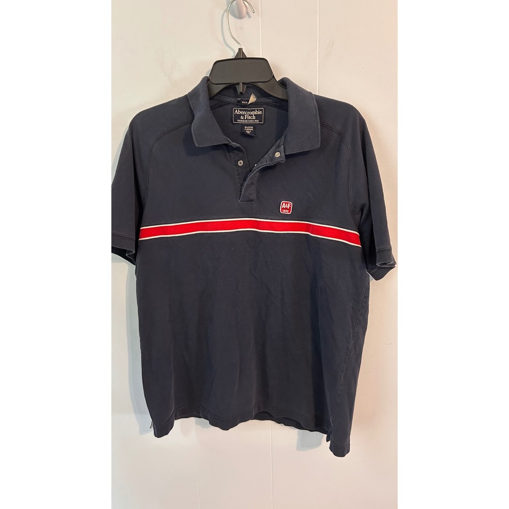 Abercrombie & Fitch Mens Muscle Fit Polo Shirt Navy Blue Red Stripe Size L